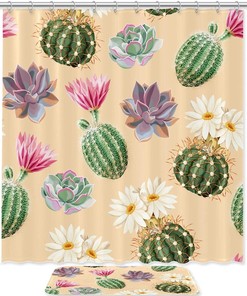 Cactus and Succulent Printed Shower Curtain, Waterproof Bathroom Decoration