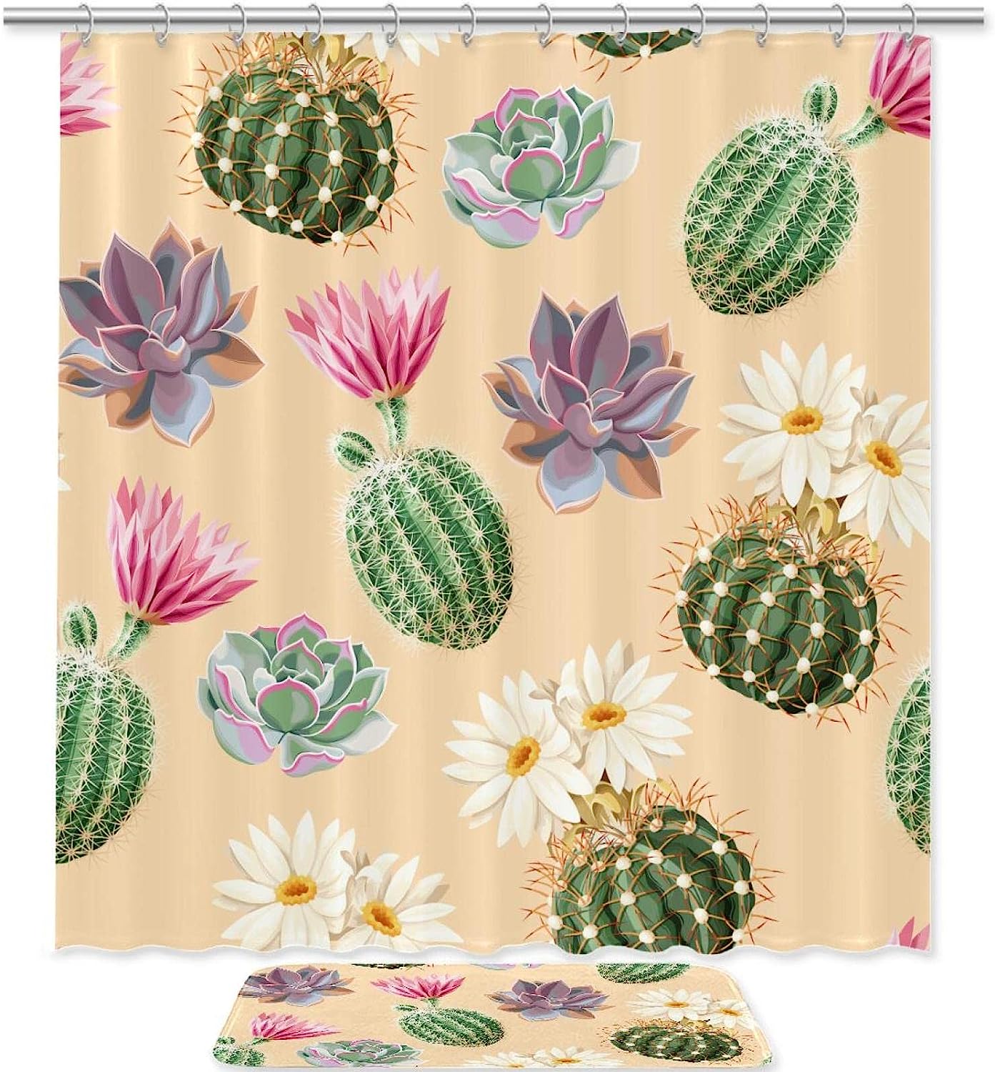 Cactus and Succulent Printed Shower Curtain, Waterproof Bathroom Decoration