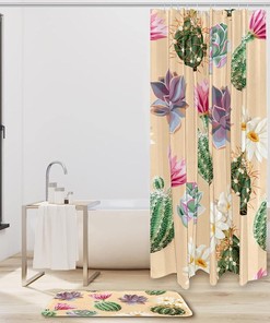 Cactus and Succulent Printed Shower Curtain, Waterproof Bathroom Decoration