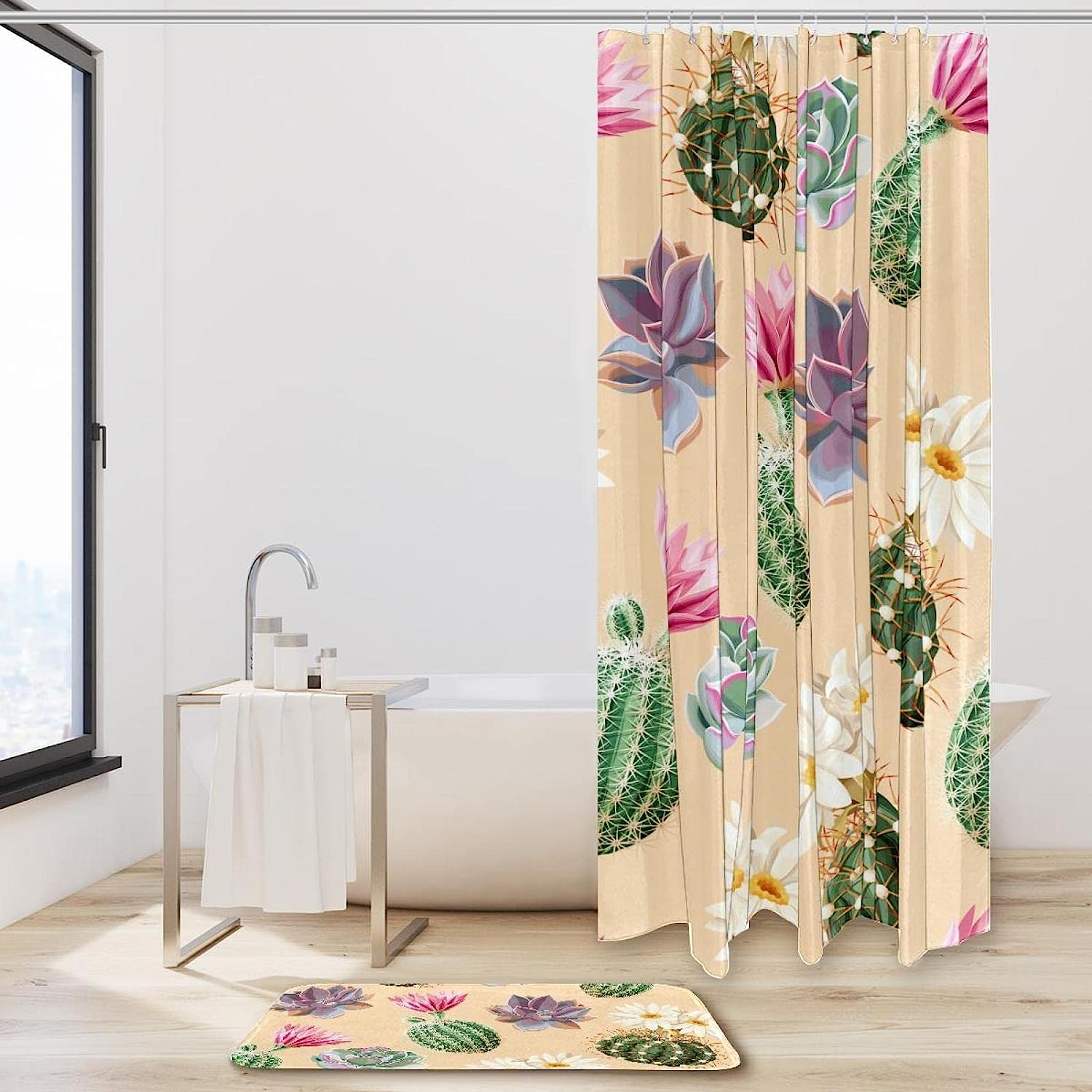 Cactus and Succulent Printed Shower Curtain, Waterproof Bathroom Decoration