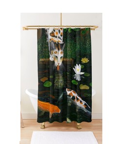 Calico Cat And Koi Fish Shower Curtain, Colorful And Unique Cat Bathroom Decor