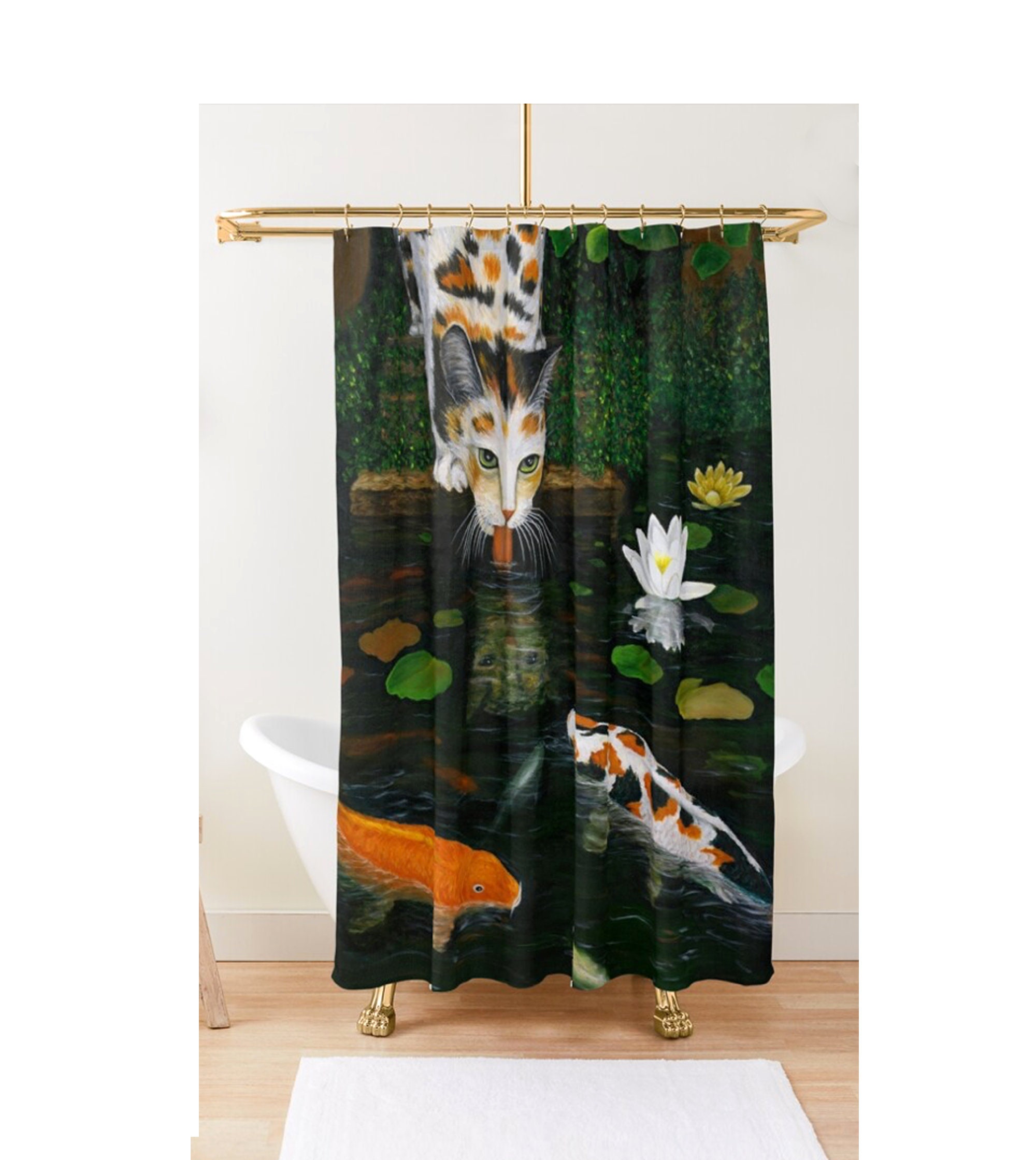 Calico Cat And Koi Fish Shower Curtain, Colorful And Unique Cat Bathroom Decor