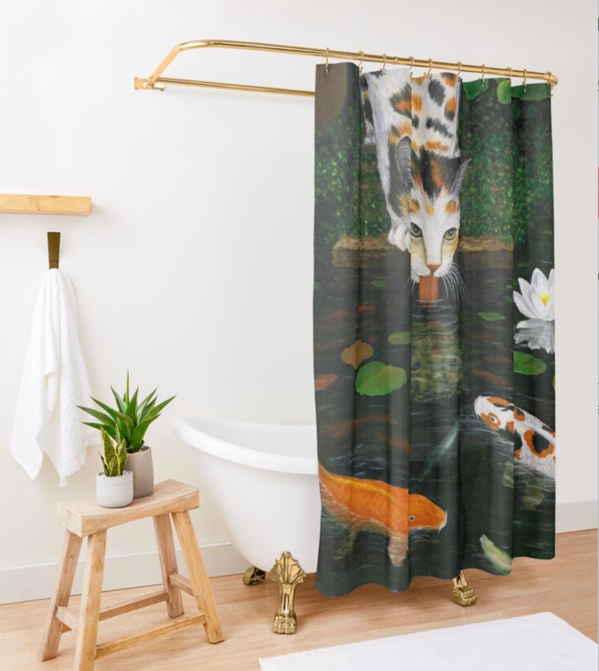 Calico Cat And Koi Fish Shower Curtain, Colorful And Unique Cat Bathroom Decor - Image 2