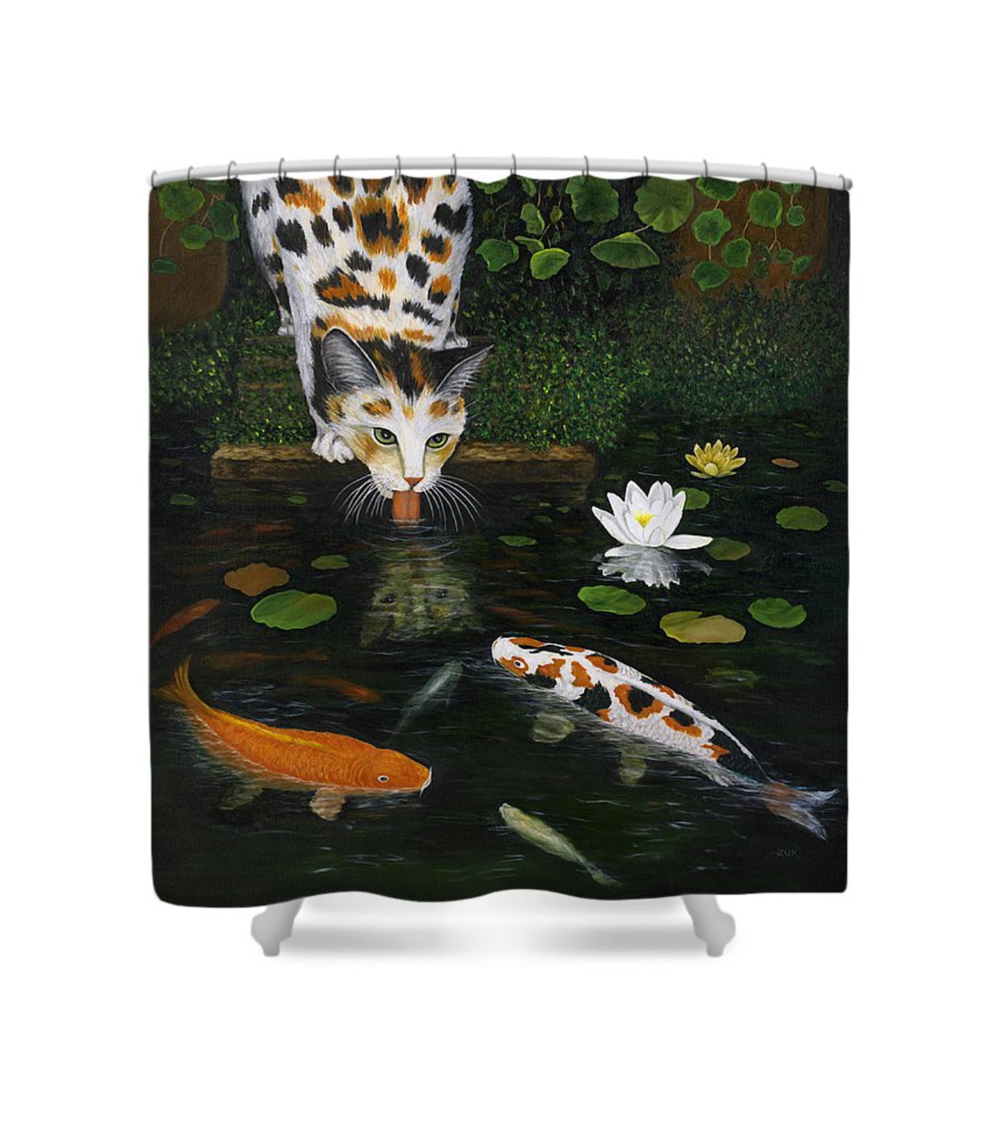 Calico Cat And Koi Fish Shower Curtain, Colorful And Unique Cat Bathroom Decor - Image 3