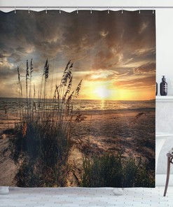 Calm Coastal Sunset Shower Curtain With Ocean Horizon In Yellow And Tan