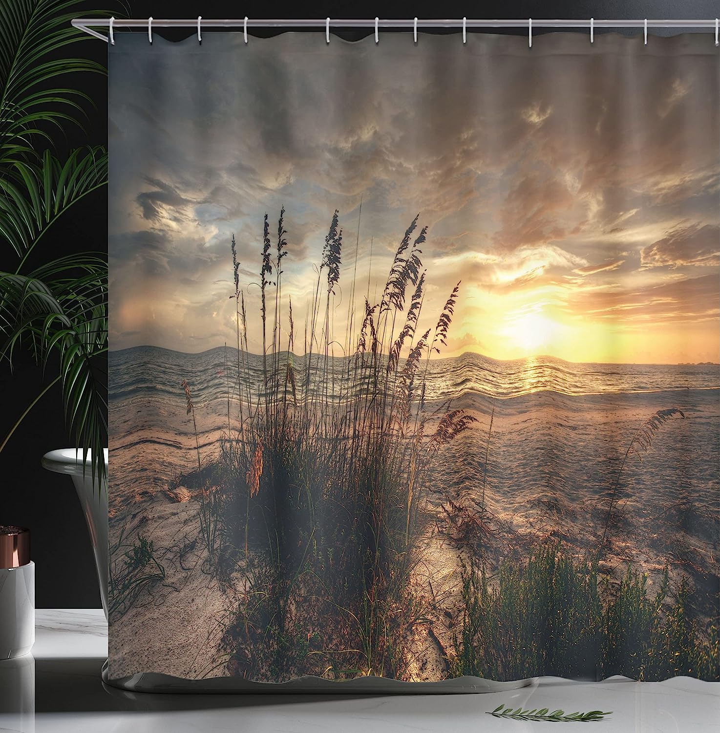 Calm Coastal Sunset Shower Curtain With Ocean Horizon In Yellow And Tan - Image 3