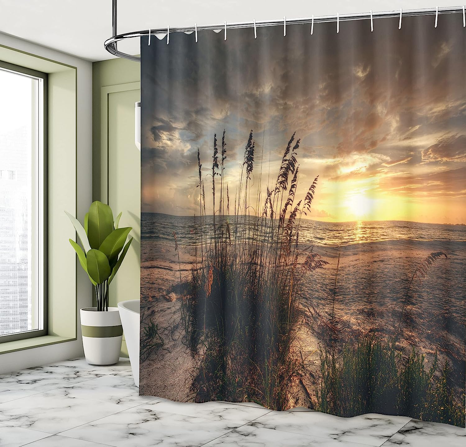 Calm Coastal Sunset Shower Curtain With Ocean Horizon In Yellow And Tan - Image 4