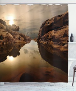 Calm Lake Sunrise Shower Curtain, Water Reflections Scenic Design, Perfect for Nature Lovers 