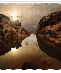 Calm Lake Sunrise Shower Curtain, Water Reflections Scenic Design, Perfect for Nature Lovers