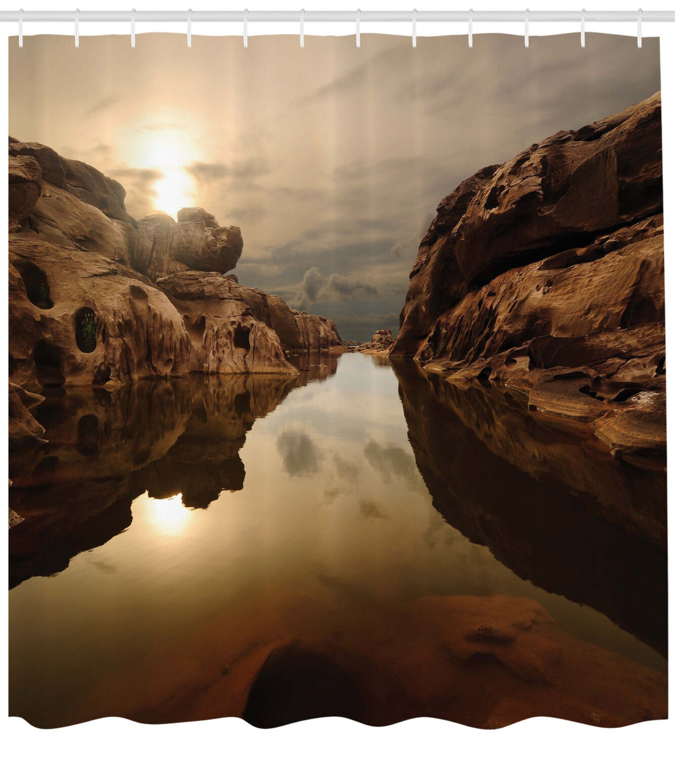 Calm Lake Sunrise Shower Curtain, Water Reflections Scenic Design, Perfect for Nature Lovers