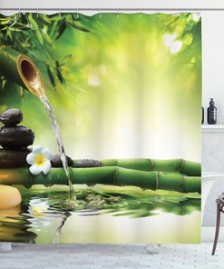 Calming Stones Bamboo Print Spa Shower Curtain, Water-resistant Bathroom Decor with Relaxing Quotes