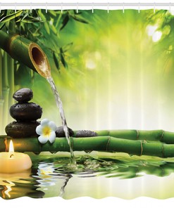 Calming Stones Bamboo Print Spa Shower Curtain, Water-resistant Bathroom Decor with Relaxing Quotes