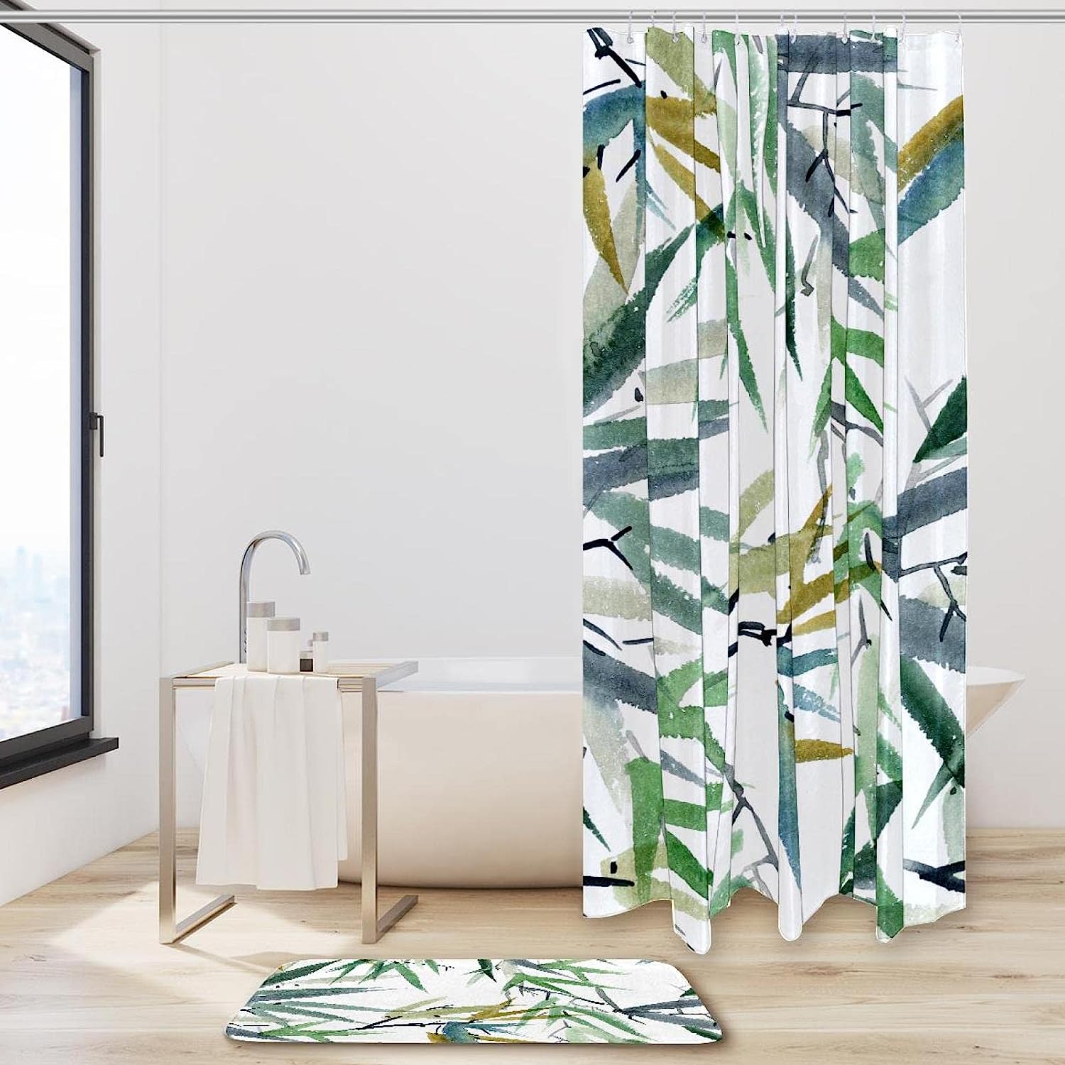 Calming Watercolor Bamboo Shower Curtain for a Zen Bathroom Retreat