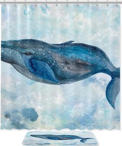 Calming Watercolor Blue Whale Shower Curtain for a Serene Bathroom Retreat