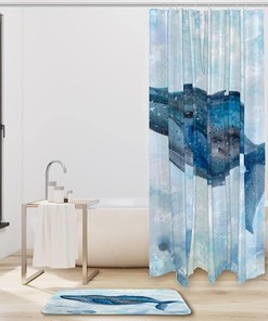 Calming Watercolor Blue Whale Shower Curtain for a Serene Bathroom Retreat