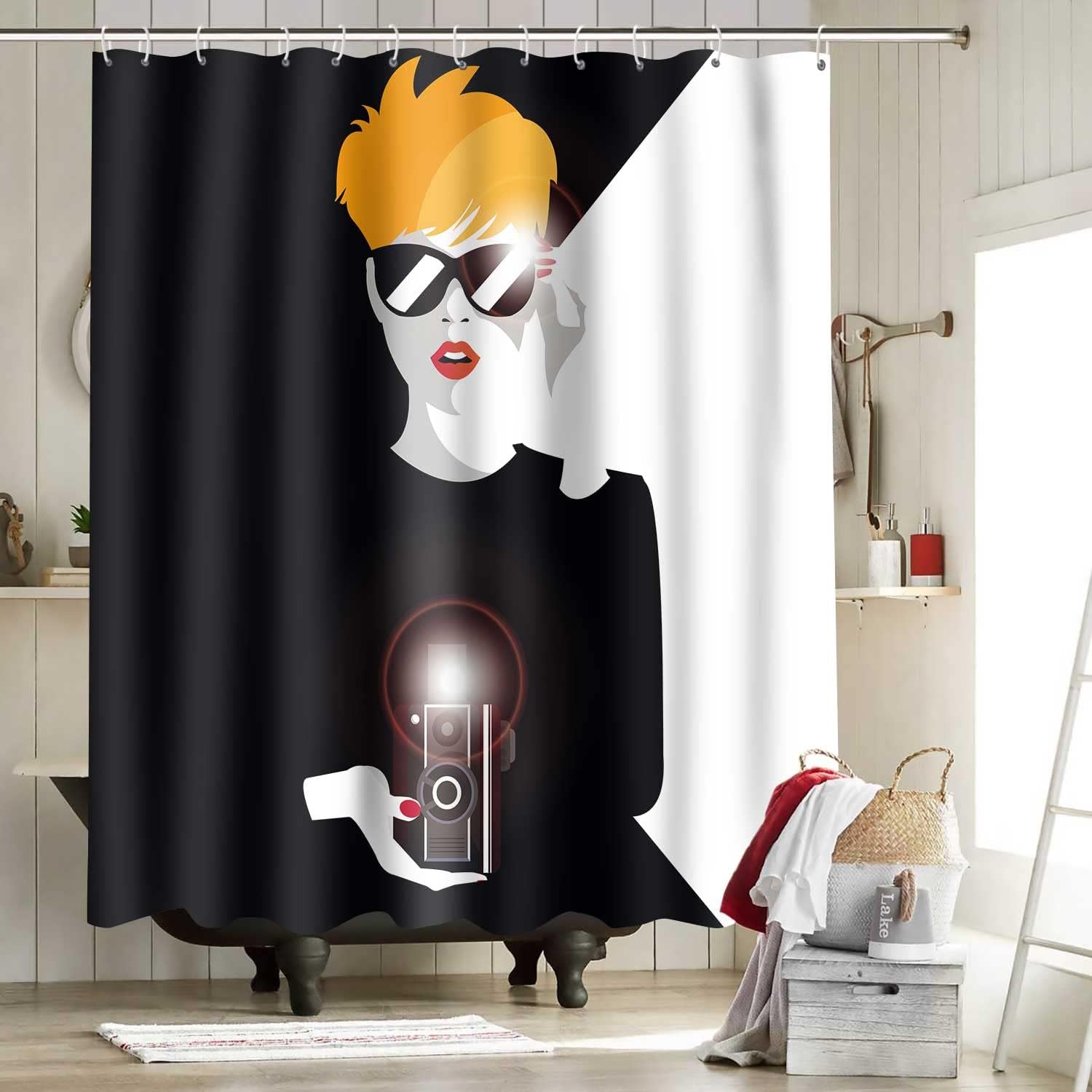 Camera Black and White Shower Curtain - African American Black Girl Bathroom Decor