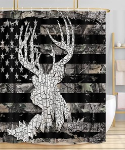 Camo Buck Elk Usa Flags Countryside Rural Camouflage Animal Hunting Shower Curtain