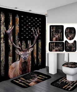 Camo Camouflage Black American Flag Moose Print Shower Curtain - SKAILIƒ€° Decor