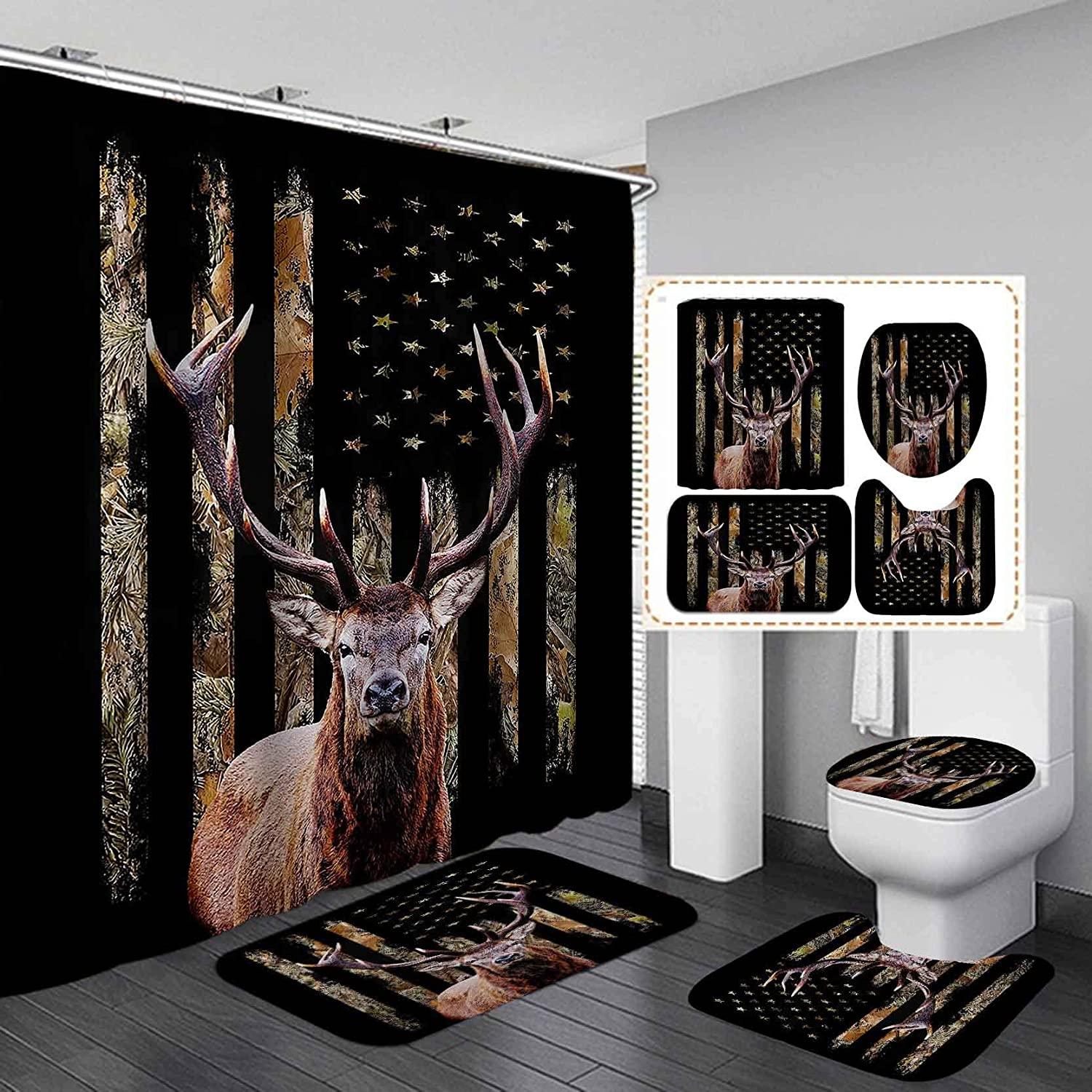 Camo Camouflage Black American Flag Moose Print Shower Curtain - SKAILIƒ€° Decor