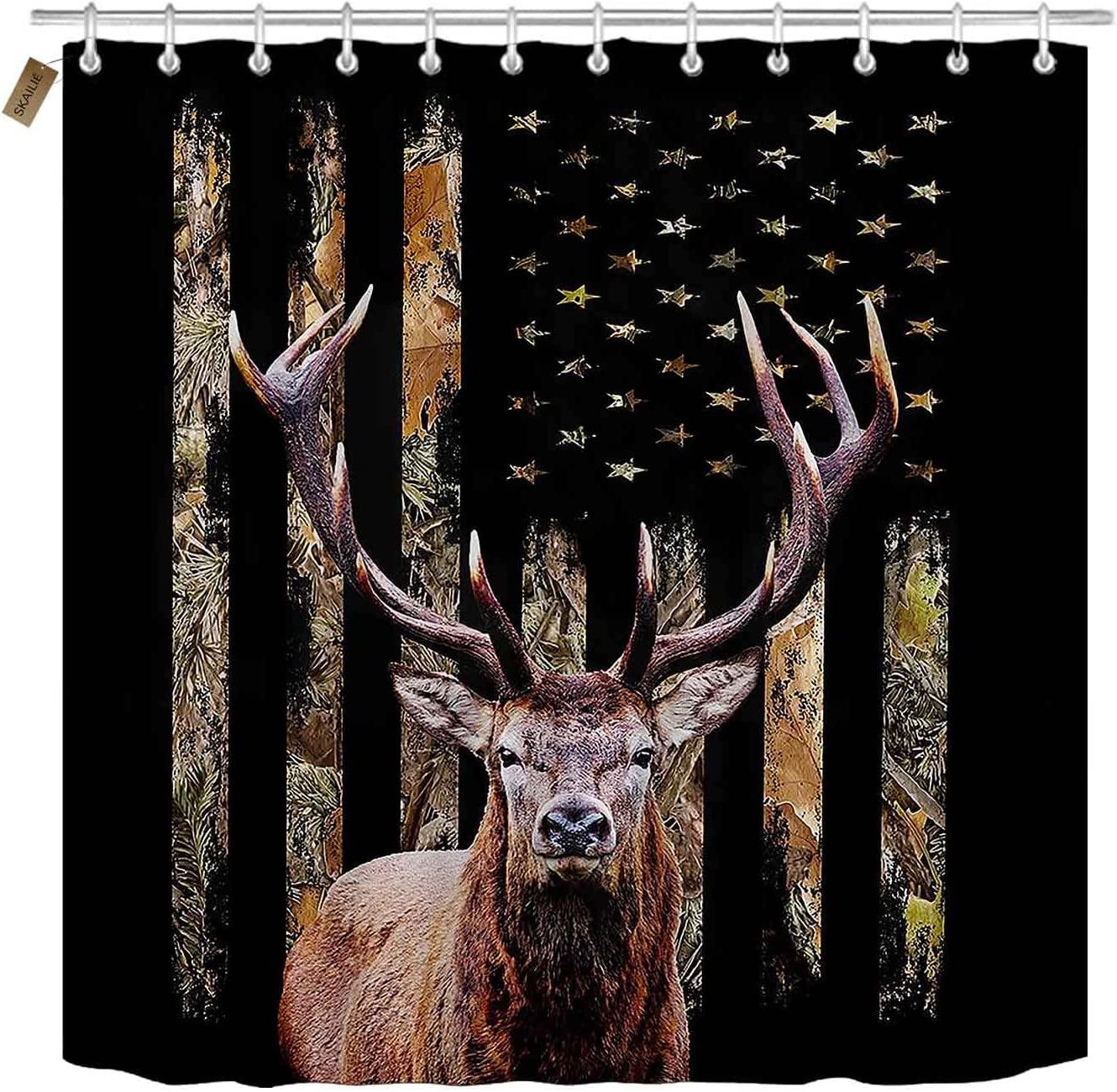 Camo Camouflage Black American Flag Moose Print Shower Curtain - SKAILIƒ€° Decor