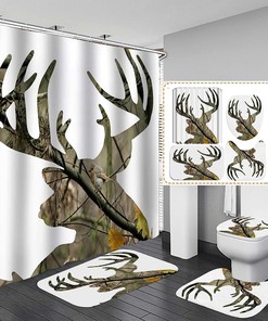 Camo Deer Antlers Camouflage Forest Print Shower Curtain - Rustic Farmhouse Hunting Bathroom Decor