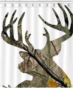 Camo Deer Antlers Camouflage Forest Print Shower Curtain - Rustic Farmhouse Hunting Bathroom Decor