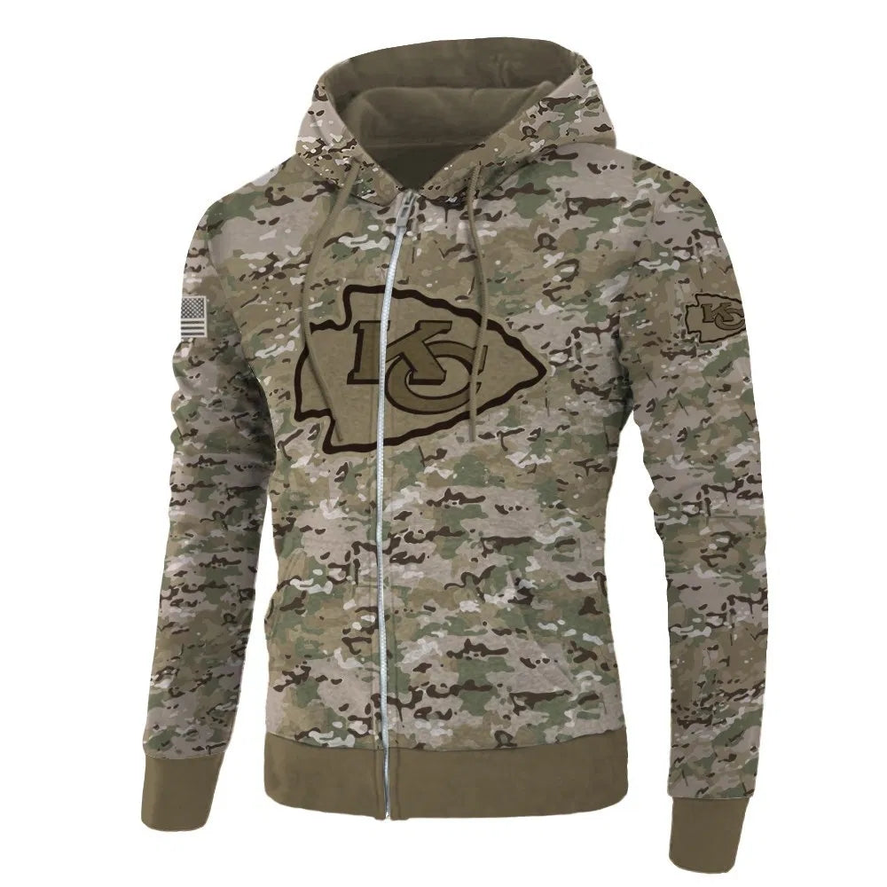 Camo Printed 3D All Over Print Kansas City Chiefs Pullover Zip Up Hoodie Gift For Fans