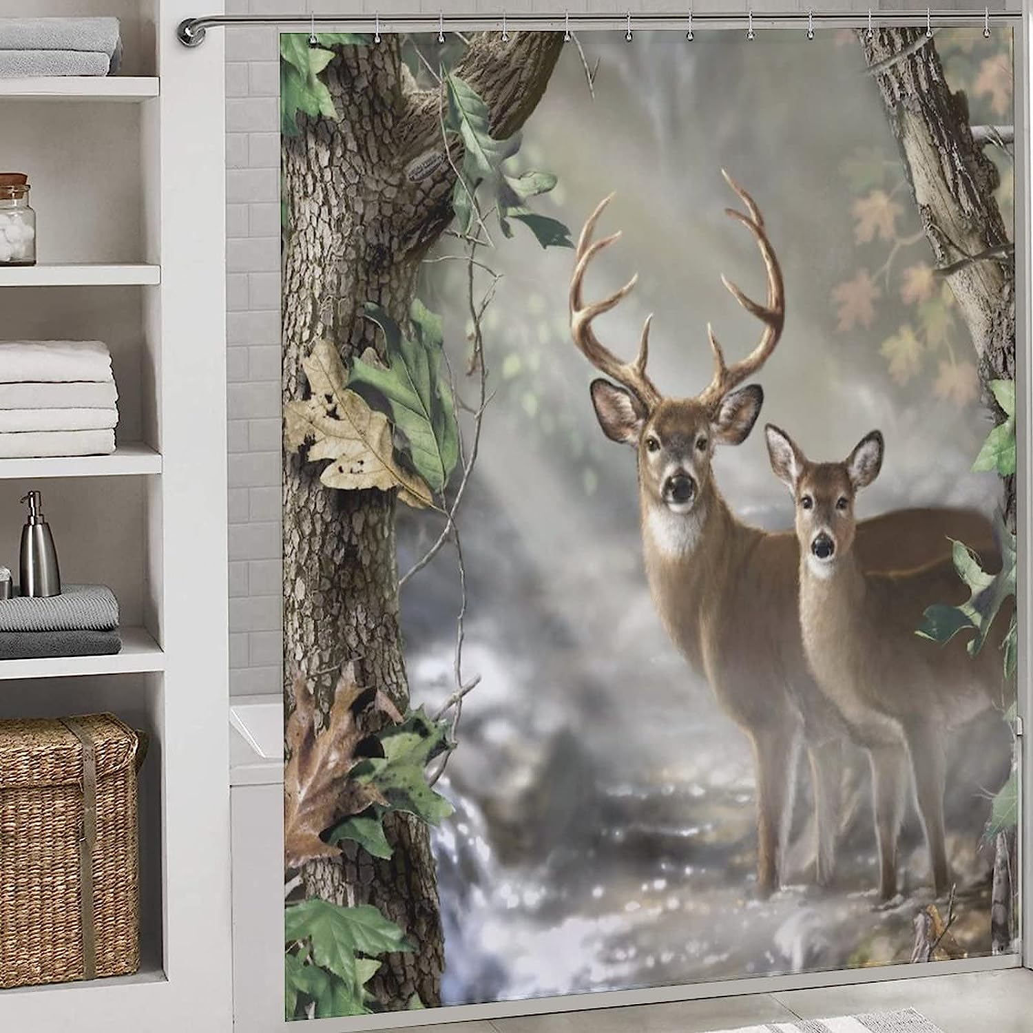 Camouflage Deer Shower Curtain, Fashion Bath Curtain with Real Tree Pattern