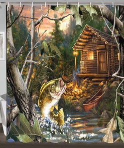 Camouflage Hunting Shower Curtain, Lodge Forest Cabin Bathroom Decor 
