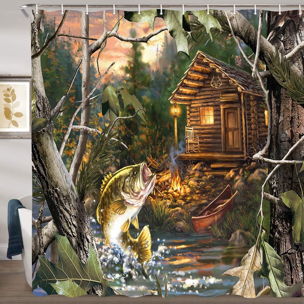 Camouflage Hunting Shower Curtain, Lodge Forest Cabin Bathroom Decor
