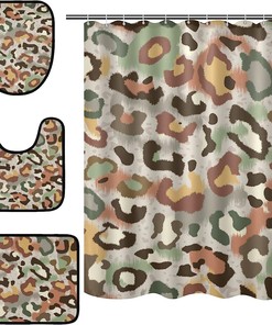 Camouflage Style Abstract Leopard Spot Shower Curtain With Matching Mat For Edgy Bathroom Decor