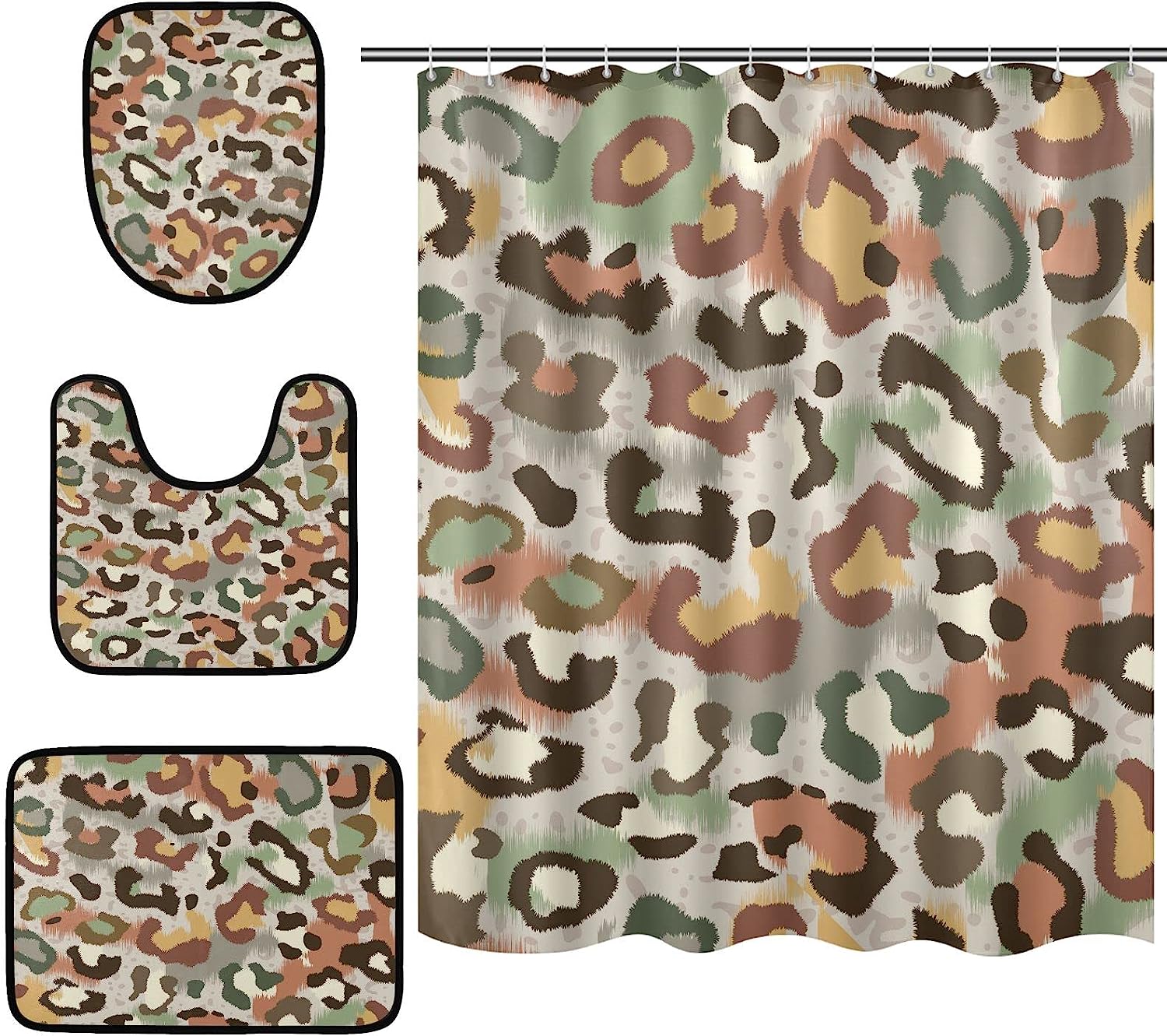 Camouflage Style Abstract Leopard Spot Shower Curtain With Matching Mat For Edgy Bathroom Decor
