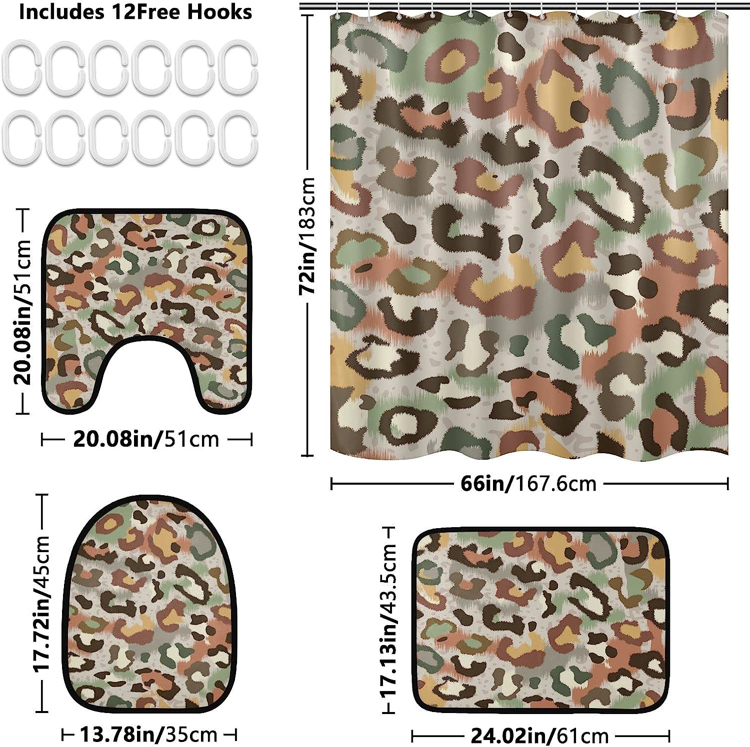 Camouflage Style Abstract Leopard Spot Shower Curtain With Matching Mat For Edgy Bathroom Decor - Image 2