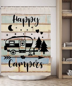Camper Happy Shower Curtain, Farmhouse Camping Rv Bathroom Accessories For Travel Trailers