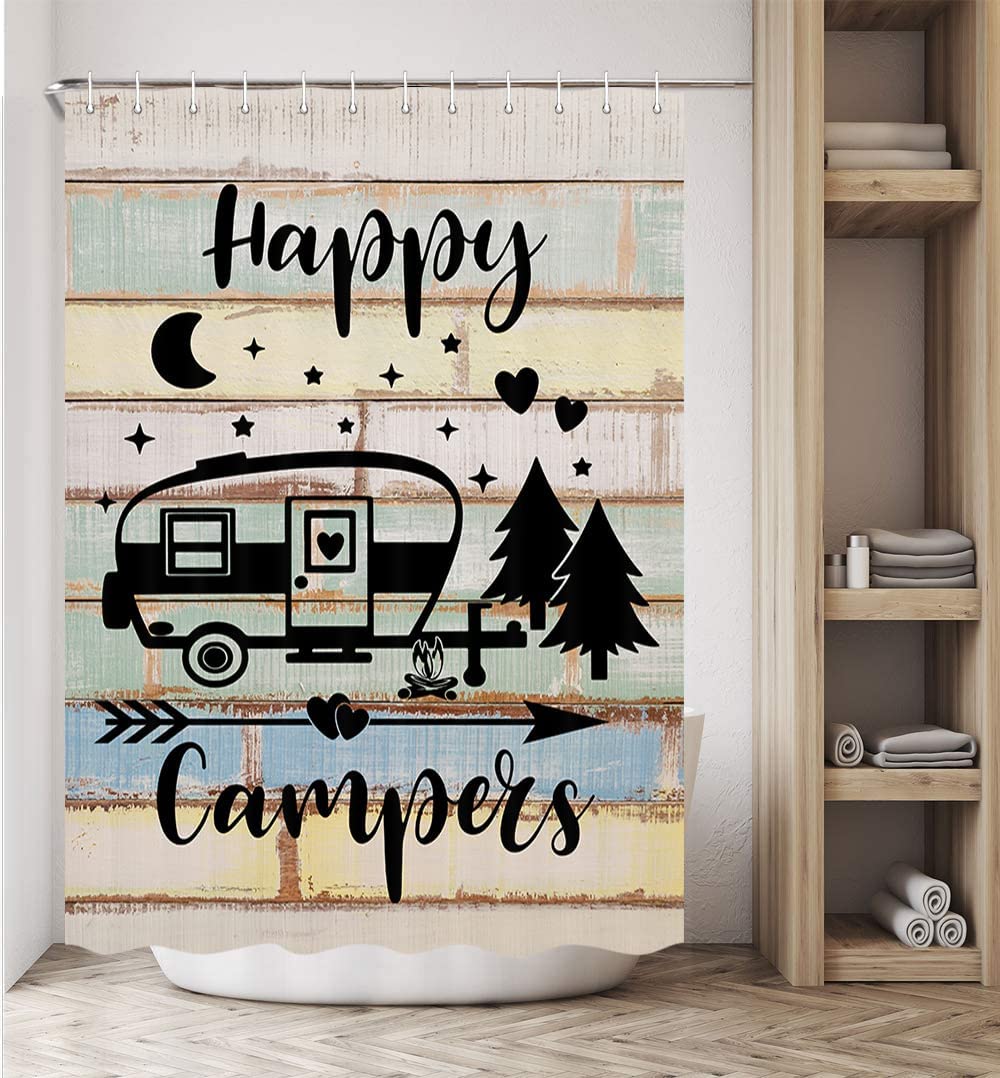 Camper Happy Shower Curtain, Farmhouse Camping Rv Bathroom Accessories For Travel Trailers