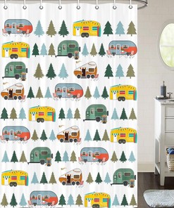 Camper RV Trailer Shower Curtain, Happy Camp Outdoor Bathroom Decor 