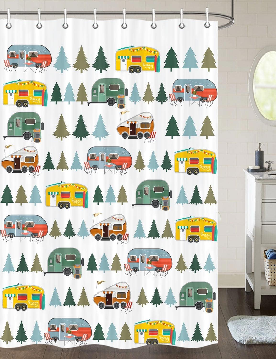 Camper RV Trailer Shower Curtain, Happy Camp Outdoor Bathroom Decor