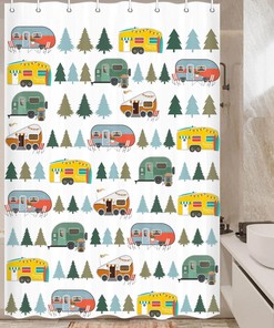 Camper RV Trailer Shower Curtain, Happy Camp Outdoor Bathroom Decor