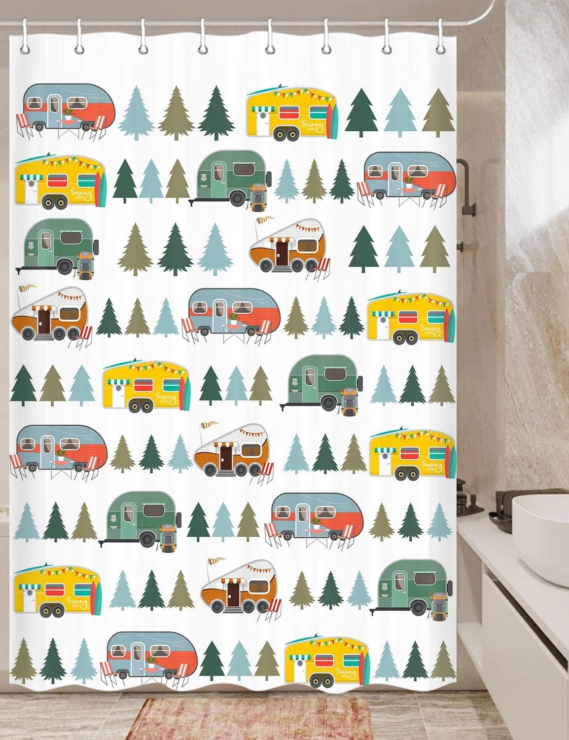 Camper RV Trailer Shower Curtain, Happy Camp Outdoor Bathroom Decor