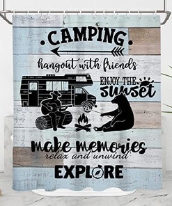 Camper Rv Camping Travel Trailer Themed Happy Campfire Bonfire Fabric Shower Curtain