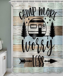 Camper Rv Shower Curtain With Travel Trailer And Wooden Board Farmhouse Rustic Camping For Your Bathroom Decor