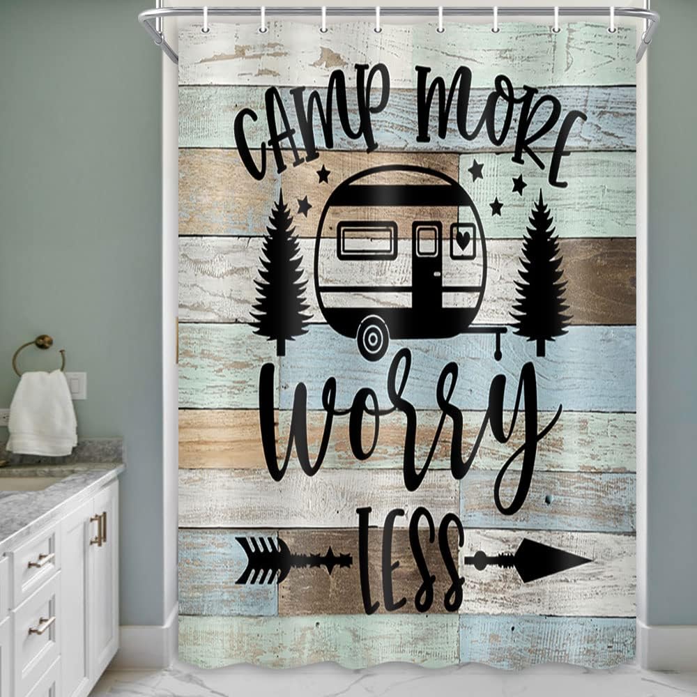 Camper Rv Shower Curtain With Travel Trailer And Wooden Board Farmhouse Rustic Camping For Your Bathroom Decor