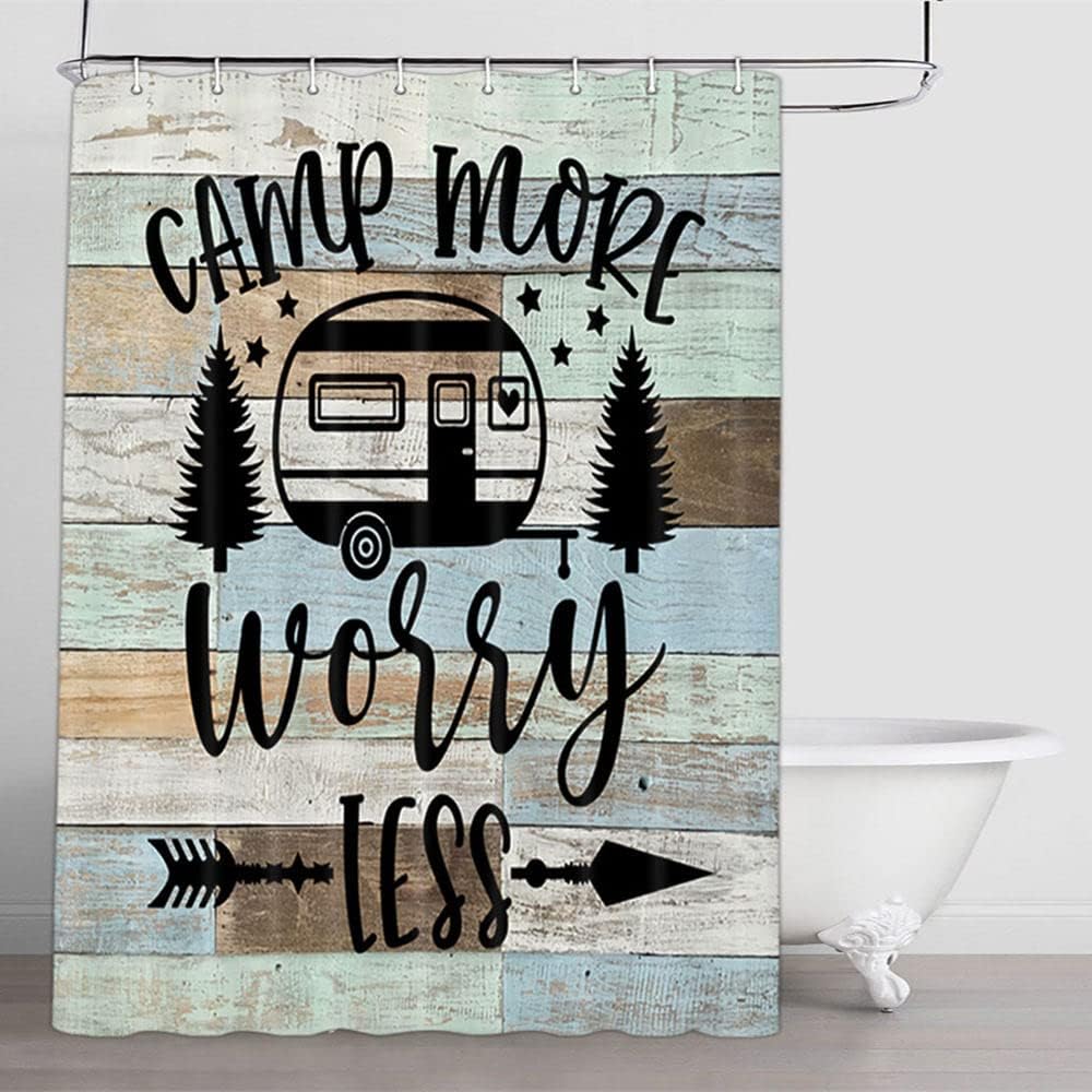 Camper Rv Shower Curtain With Travel Trailer And Wooden Board Farmhouse Rustic Camping For Your Bathroom Decor - Image 2