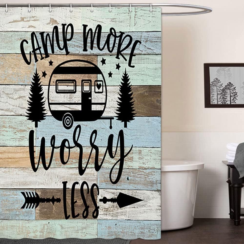 Camper Rv Shower Curtain With Travel Trailer And Wooden Board Farmhouse Rustic Camping For Your Bathroom Decor - Image 3