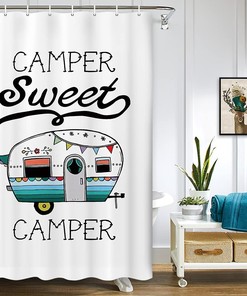 Camper Sweet Camper Retro Style Shower Curtain for a Traveler's Bathroom