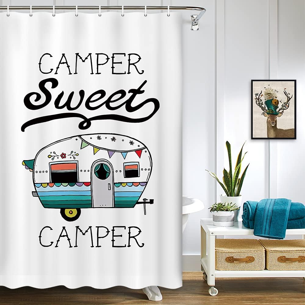 Camper Sweet Camper Retro Style Shower Curtain for a Traveler's Bathroom
