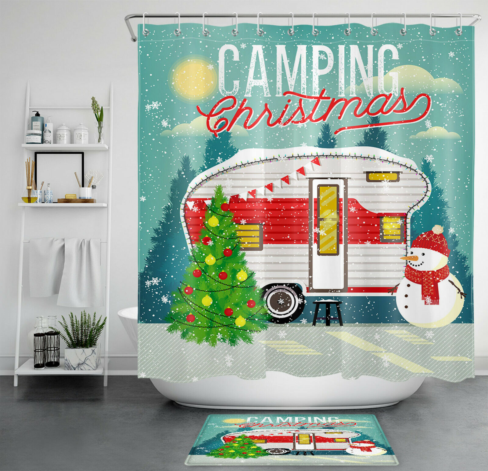 Camper Trailer Snowman Shower Curtain For A Christmas Camping Theme