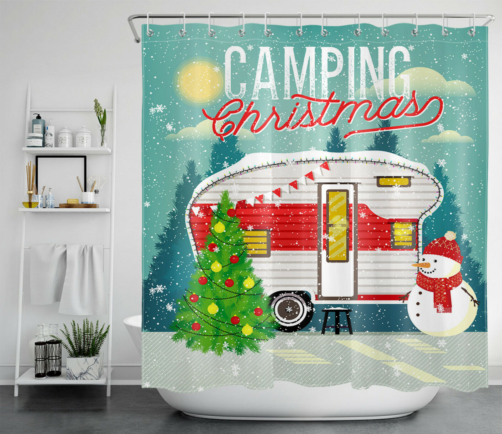 Camper Trailer Snowman Shower Curtain For A Christmas Camping Theme - Image 2