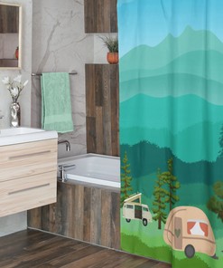 Camper Van Shower Curtain With Camping Scene, Pink Curtain, Boho Bath Curtain, Happy Camping Bath Curtain