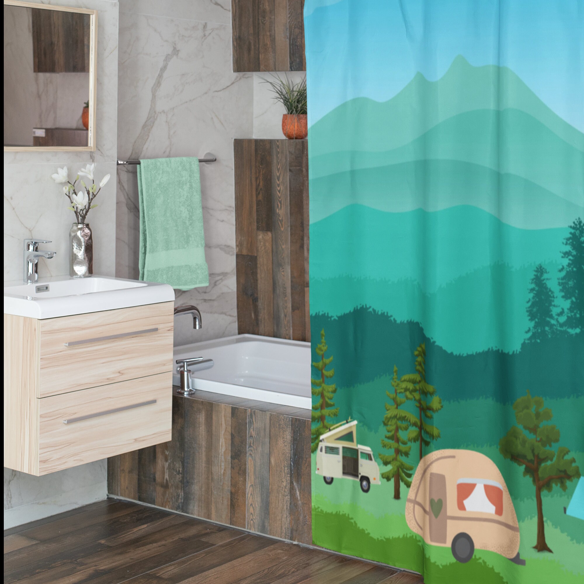 Camper Van Shower Curtain With Camping Scene, Pink Curtain, Boho Bath Curtain, Happy Camping Bath Curtain